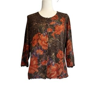 COLDWATER CREEK Fall Floral Button Front Cardigan Sweater 3/4 Sleeve Brown L